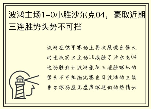 波鸿主场1-0小胜沙尔克04，豪取近期三连胜势头势不可挡